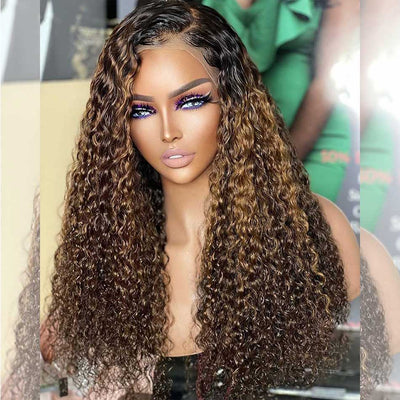 Hairstylist Works 13x4 5x5 HD Lace Front Closure Curly Human Hair Wigs Mixed Ombre Brown Colored Wigs Full And Bouncy Chest Length