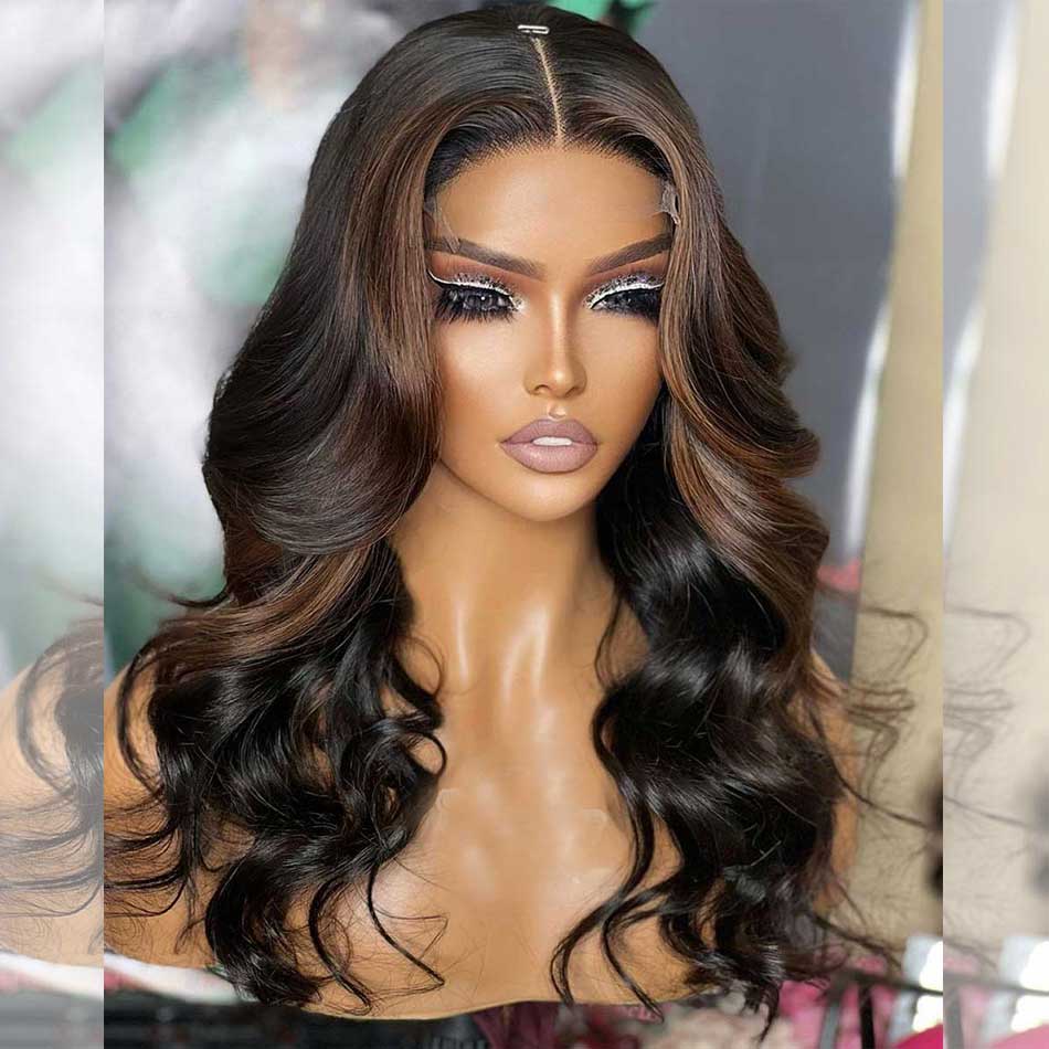 Double Drawn Hairstylist Works 6x5 Glueless Lace Closure Highlights Brown Colored Human Hair Wigs Chest Length