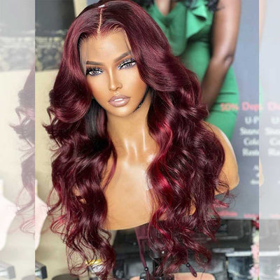 Hairstylist Works Little Red Highlights 99J Colored Wigs 13x6 Lace Front Human Hair Wigs