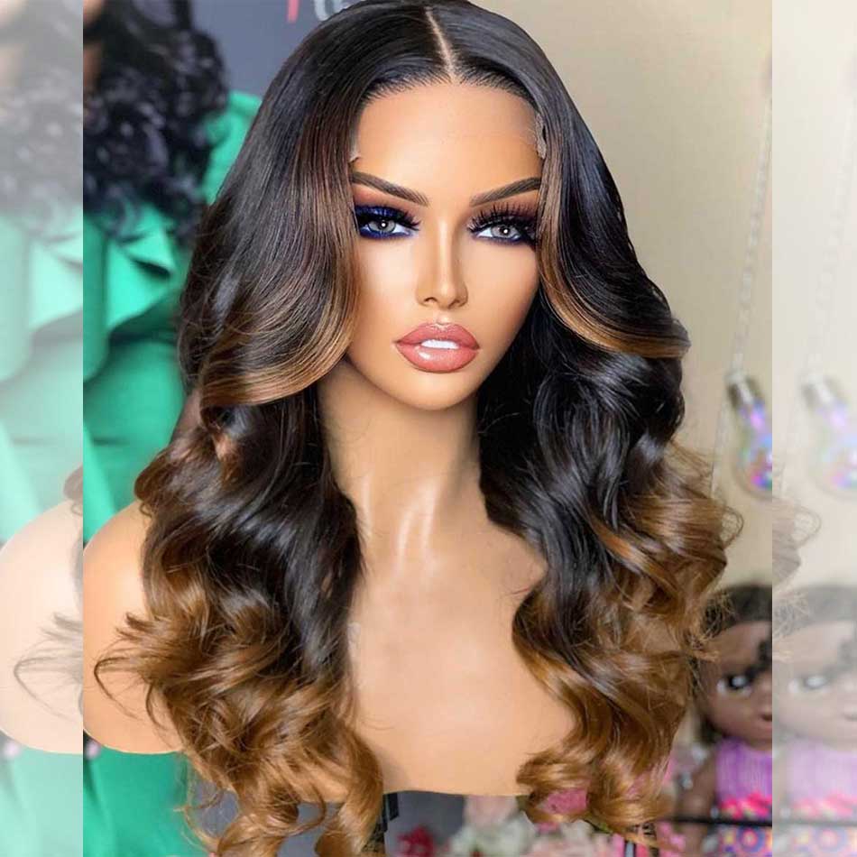 Hairstylist Works 5x5 Glueless Lace Closure Human Hair Wigs Body Wave Ombre Brown Colored Wigs Medium Chest Length