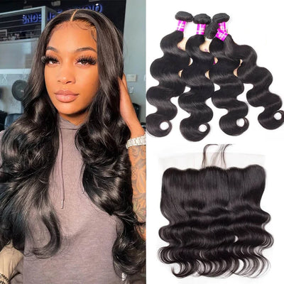 Tuneful 10A Body Wave Human Hair 4 Bundles With 13x4 Lace Frontal 100% Remy Human Hair