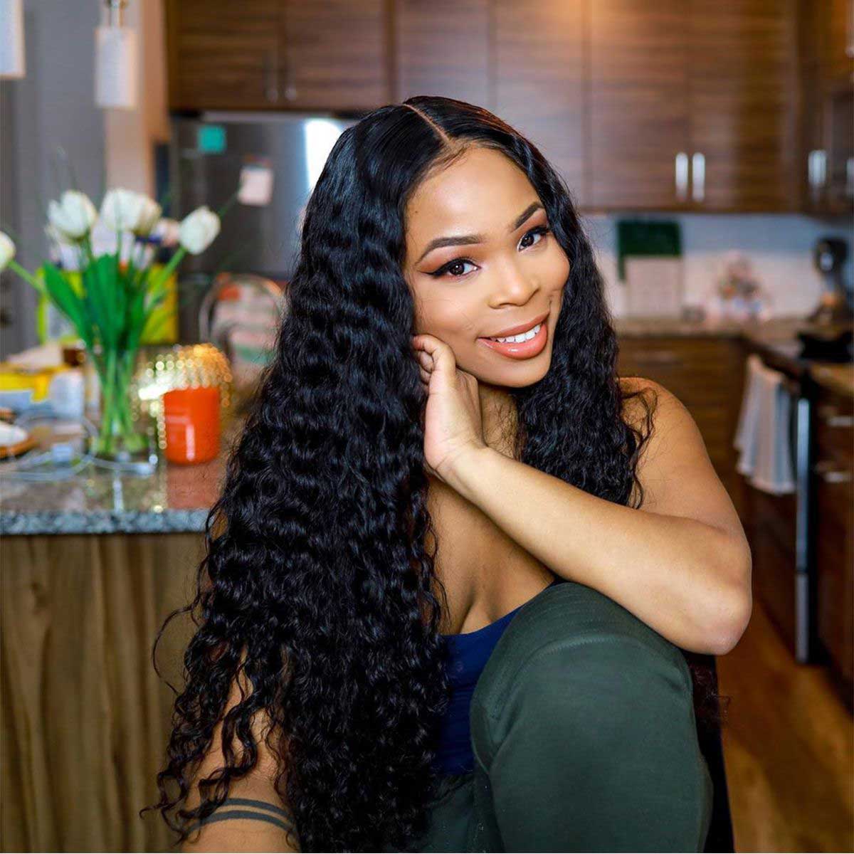 Tuneful 5x5 Deep Wave Transparent Lace Closure Remy Human Hair Wigs 180% Density