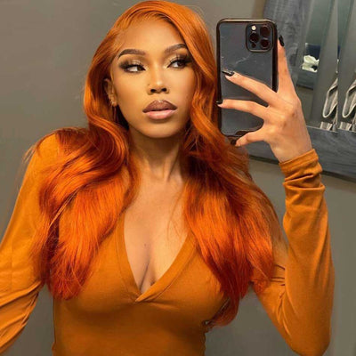 Tuneful Glueless Orange Ginger Colored Straight 13x6 5x5 6x5 Lace Front Closure Human Hair Wigs 180% Density