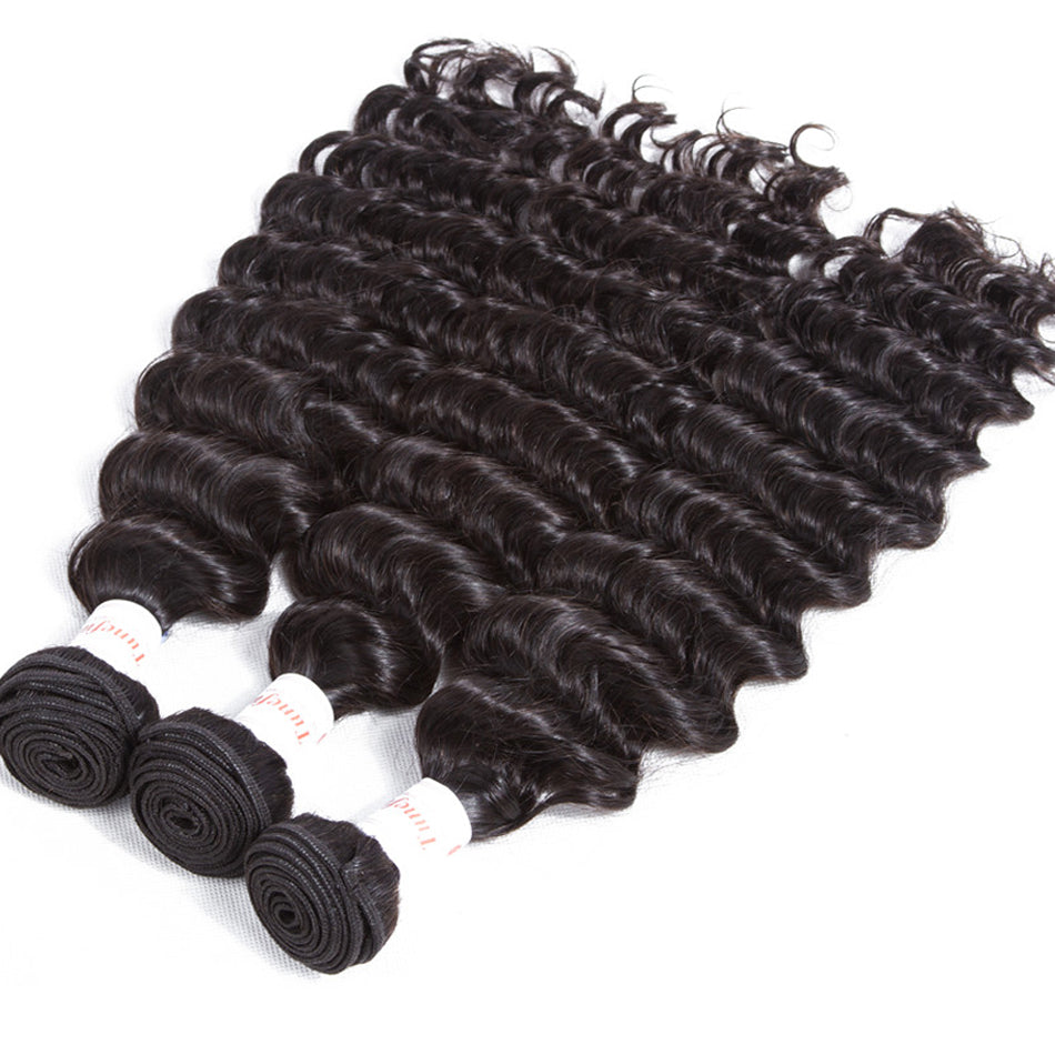 Tuneful 10A Deep Wave Human Hair 3 Bundles With 13x4 Lace Frontal 100% Remy Human Hair