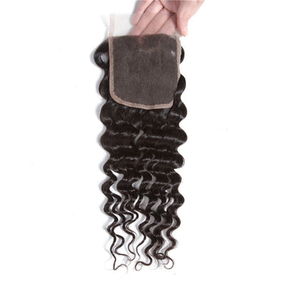 Tuneful 10A Deep Wave Human Hair 3 Bundles With 4x4/5x5 Lace Closure 100% Remy Human Hair