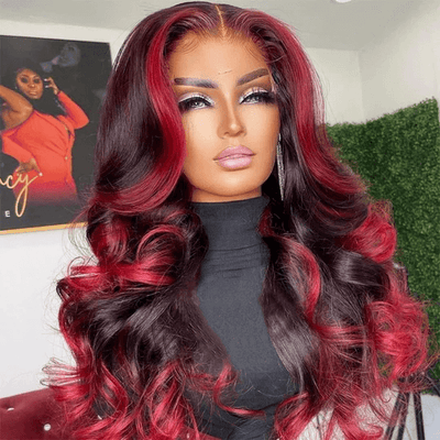 Tuneful 13x4 5x5 HD Lace Front Loose Wave Ombre Red Highlights Color Wig