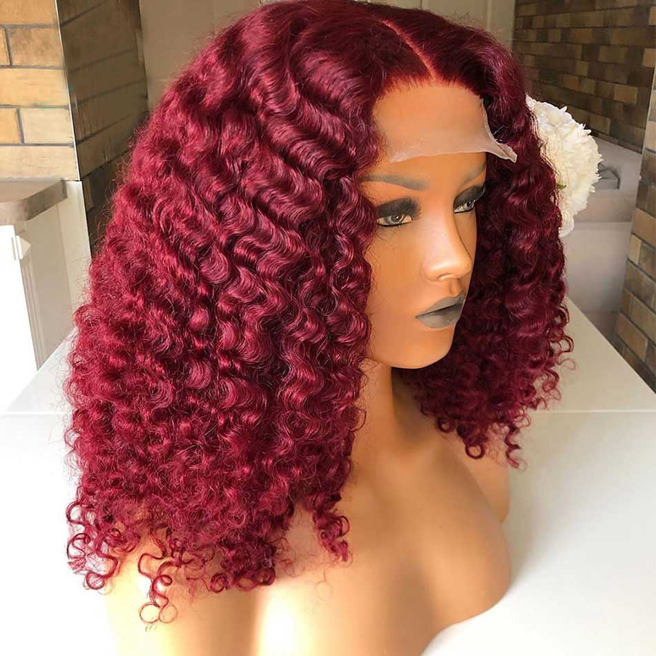 Tuneful Glueless Short Curly Burgundy Colored Human Hair Bob Wigs 180% Density