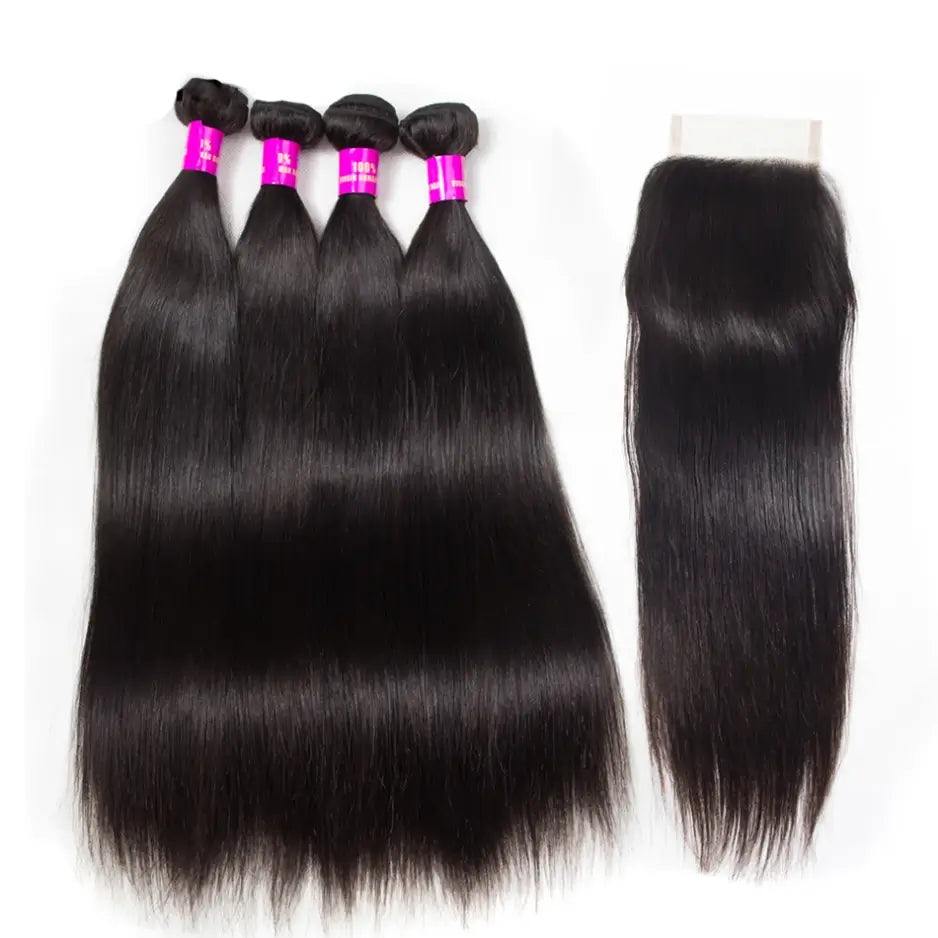 Tuneful 10A Straight Human Hair 4 Bundles With 4x4/5x5 Lace Closure 100% Remy Human Hair