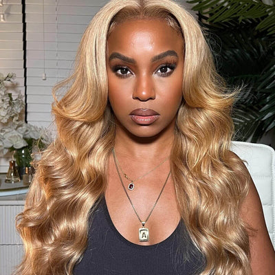 Tuneful Glueless 27# Honey Blonde Colored Human Hair Body Wave Frontal Wigs