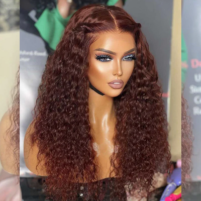 Hairstylist Works 13x6 Lace Front Curly Human Hair Wigs 33# Auburn Reddish Brown Colored Wigs Chest Length 210% Density