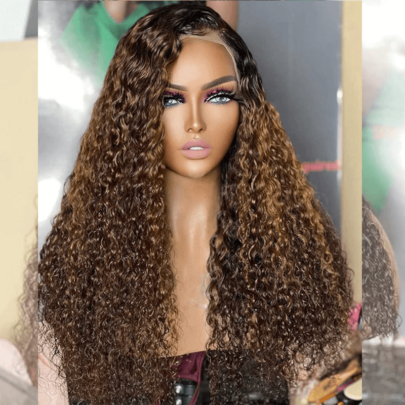 Hairstylist Works 13x6 5x5 Lace Front Closure Curly Human Hair Wigs Mixed Ombre Brown Colored Wigs Full And Bouncy Chest Length