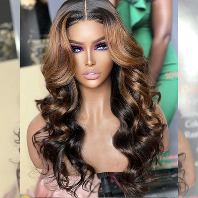 Double Drawn Hairstylist Works 6x5 Glueless Highlight Brown Colored Lace Closure Human Hair Wigs Body Wave