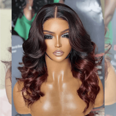 Double Drawn Hairstylist Works Elegant Shoulder Length Short Wigs 1B/99J Half Black Half Wine Red Wigs