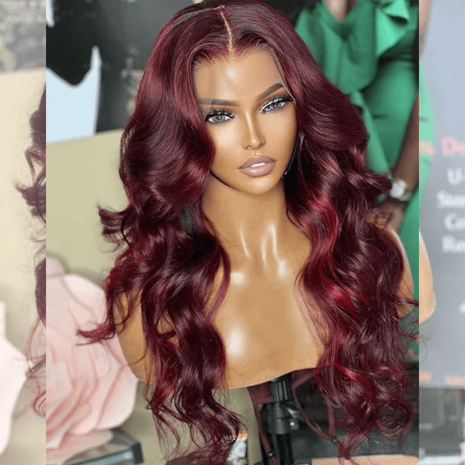 Hairstylist Works Luxurious 250% Little Red Highlights 99J Colored Wigs 13x4 HD Lace Front Human Hair Wigs