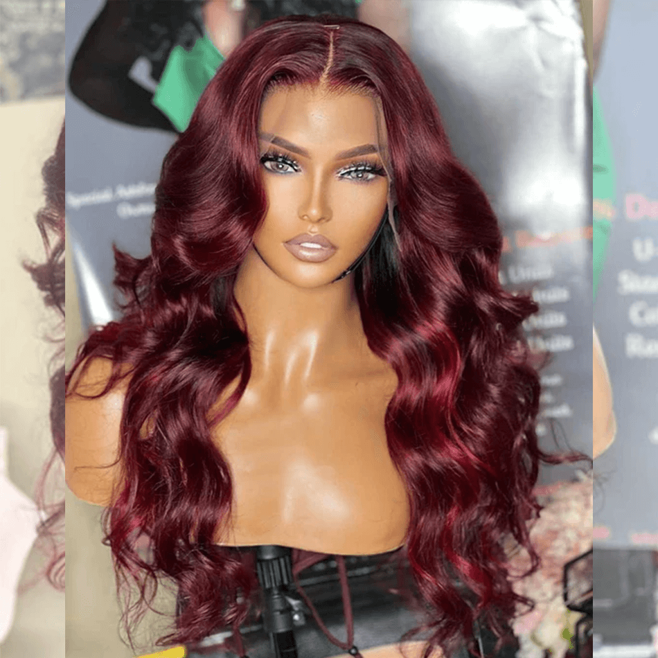 Hairstylist Works Luxurious 250% Little Red Highlights 99J Colored Wigs 13x4 HD Lace Front Human Hair Wigs