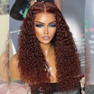 Hairstylist Works 13x6 Lace Front Curly Human Hair Wigs 33# Auburn Reddish Brown Colored Wigs Chest Length 180% Density