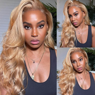 Tuneful Glueless 27# Honey Blonde Colored 13x4 Lace Frontal Human Hair Body Wave Frontal Wigs 180% Density