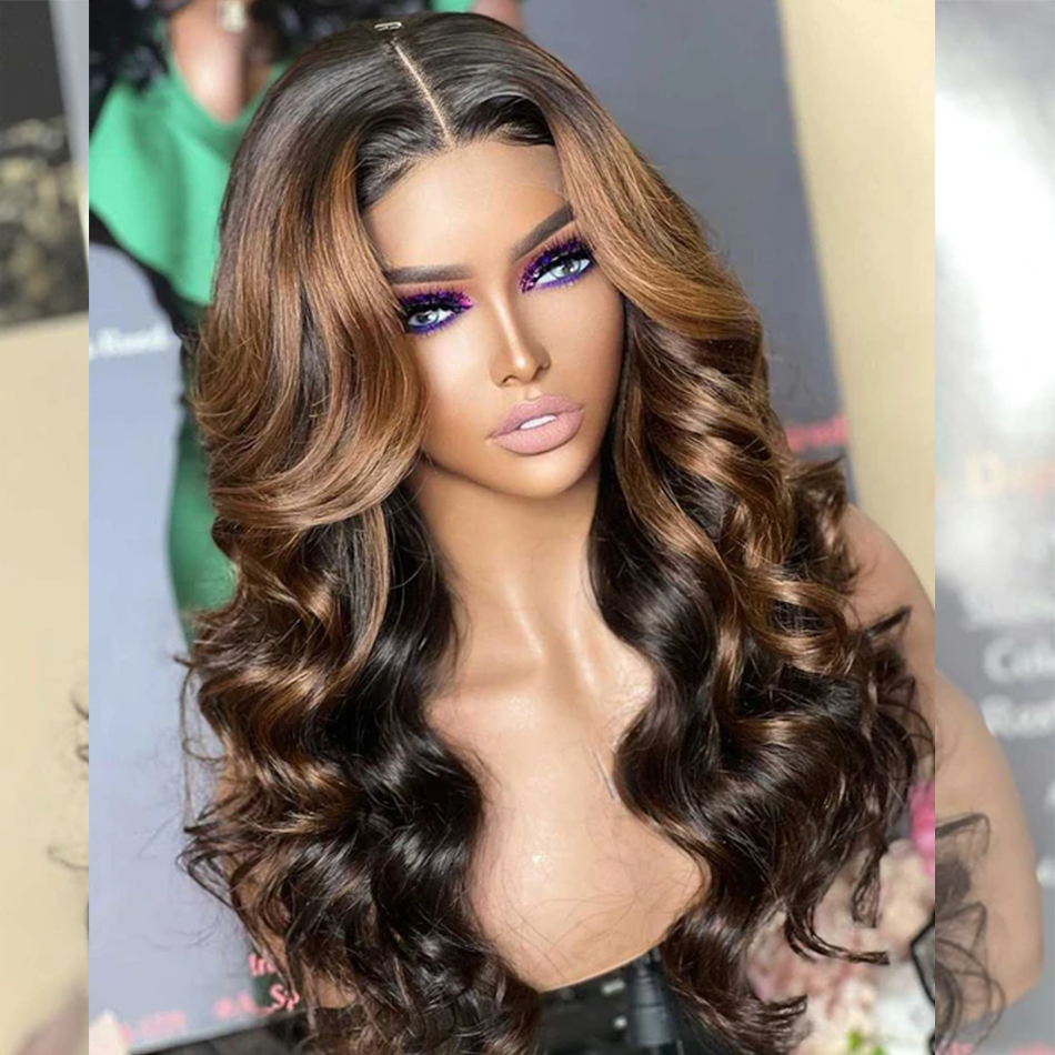 Double Drawn Hairstylist Works 6x5 Glueless Highlight Brown Colored Lace Closure Human Hair Wigs Body Wave