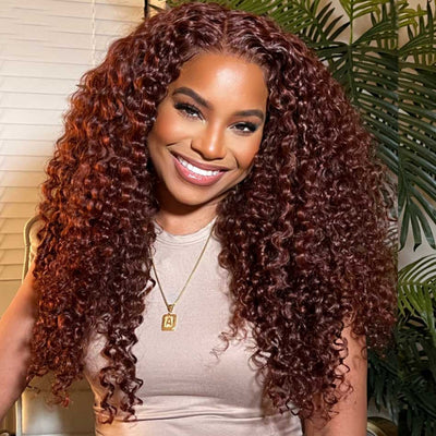 Tuneful Glueless #33 Auburn Colored 13x6 5x5 4x6 Lace Front Closure Human Hair Wigs Jerry Curly Wigs 180% Density