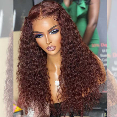 Hairstylist Works 13x4 HD Lace Front Curly Human Hair Wigs 33# Auburn Reddish Brown Colored Wigs Chest Length 210% Density