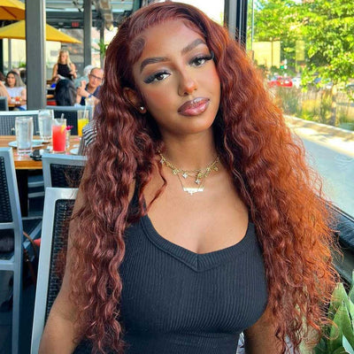 Tuneful #33 Auburn Reddish Brown Color Glueless 13x4 5x5 Lace Front Closure Human Hair Wigs Deep Wave Frontal Wigs 180% Density
