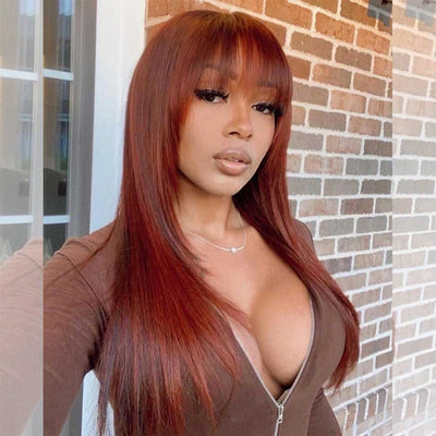 Tuneful Layered Cut With Bang Auburn Colored Glueless Human Hair Wig