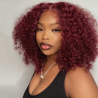 Tuneful 210% Density 4x4 Lace Closure Wigs Short Curly Burgundy Colored Human Hair Bob Wigs