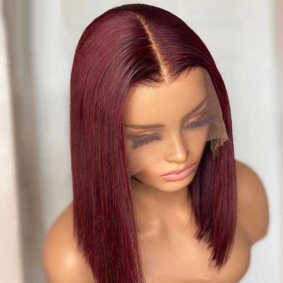 Tuneful 99J Burgundy Colored Short Bob 13x4 4x4 Lace Frontal Closure Human Hair Wigs 180% Density