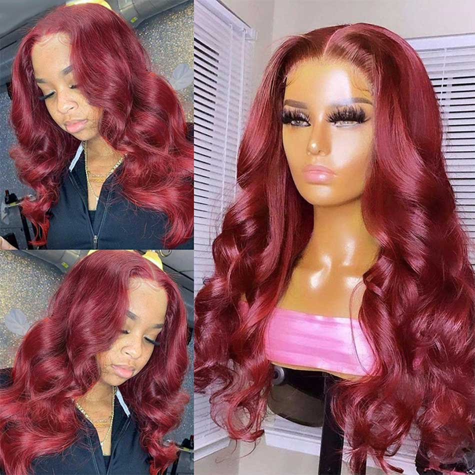 Tuneful Glueless Reddish Burgundy Color 13x6 5x5 4x6 Lace Front Closure Human Hair Wigs Body Wave Wig 180% Density