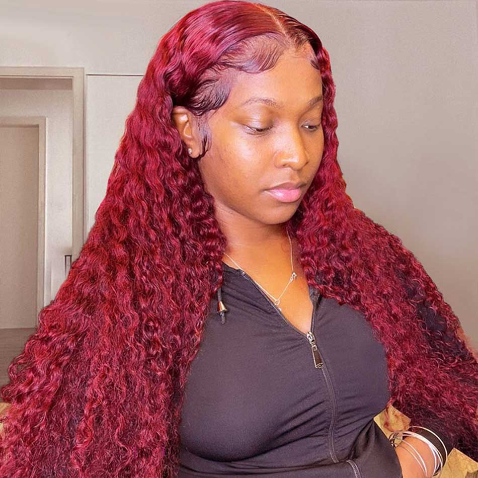 Tuneful Glueless Burgundy Color 13x6 5x5 4x6 Glueless Lace Front Closure Human Hair Wigs Curly Wigs 180% Density