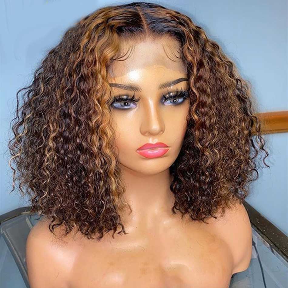 Tuneful Highlight Curly Bob Wigs Colored Human Hair Frontal Closure Wig 180% Density