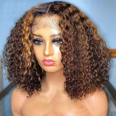 Tuneful Highlight Curly Bob Wigs Colored Human Hair Frontal Closure Wig 180% Density