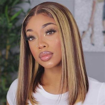 Tuneful Glueless Highlight Bob Wigs Colored Human Hair Straight Frontal Closure Wig 180% Density
