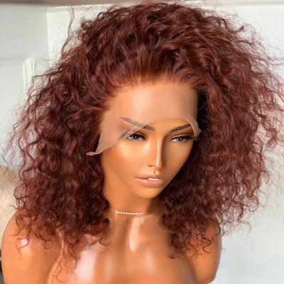 Tuneful Glueless Short Curly Auburn Honey Brown Colored Human Hair Bob Wigs 180% Density