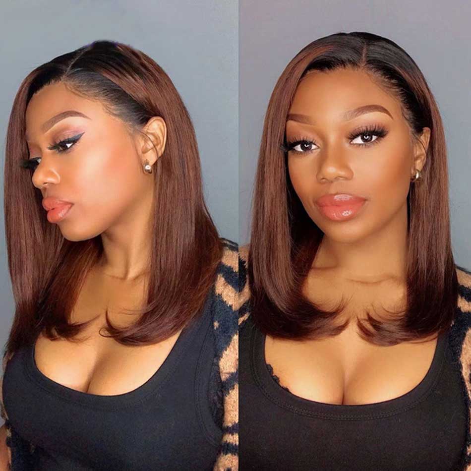 Tuneful Glueless 1b/30 Ombre Brown Colored Human Hair Bob Straight Wigs 180% Density