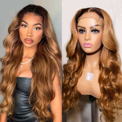 Tuneful Glueless Ombre Honey Blonde #1B/27 Colored 13x6 5x5 6x5 Lace Front Closure Human Hair Wigs Body Wave Wigs 180% Density