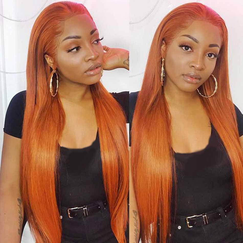 Tuneful Glueless Orange Ginger Colored Straight 13x6 5x5 4x6 Lace Front Closure Human Hair Wigs 180% Density