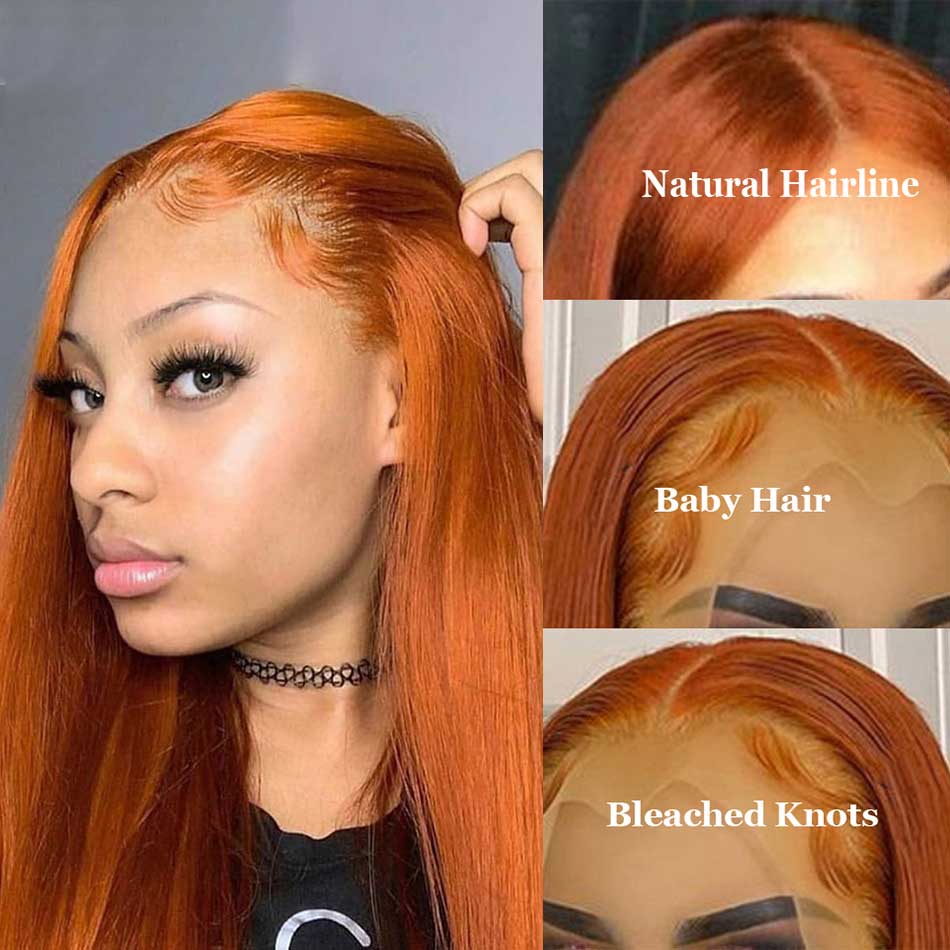 Tuneful Glueless Orange Ginger Colored Straight 13x6 5x5 4x6 Lace Front Closure Human Hair Wigs 180% Density