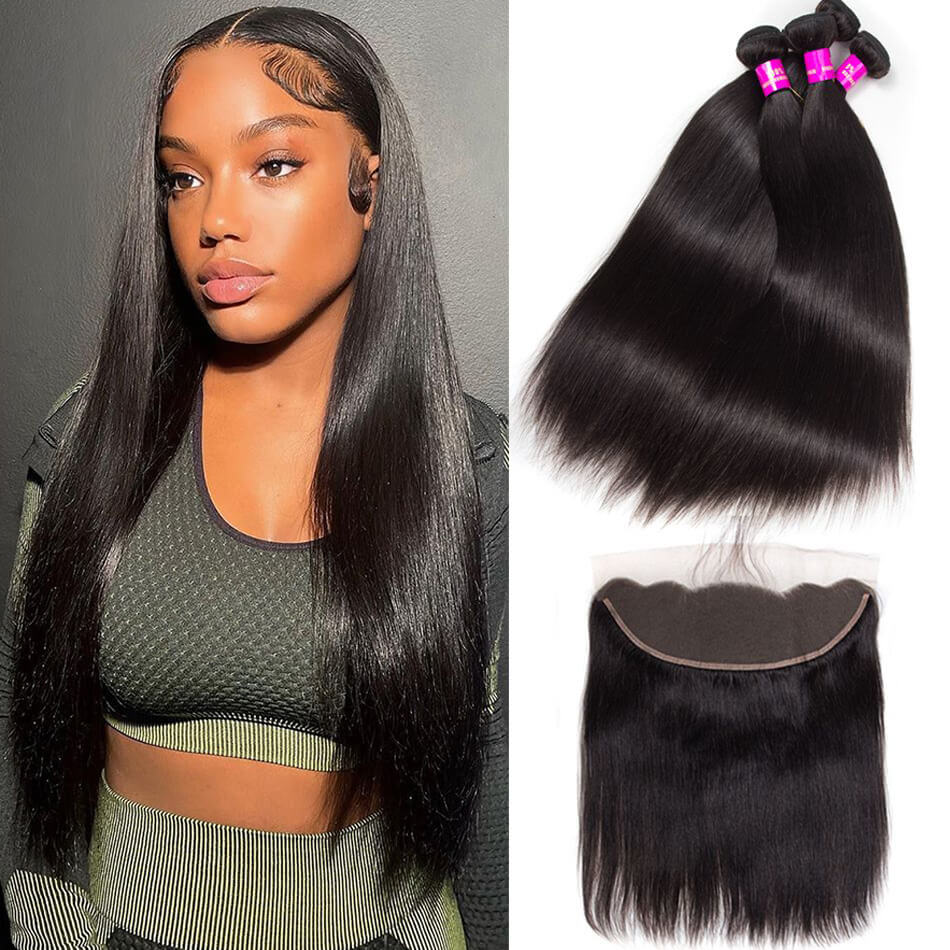 Tuneful 10A Straight Human Hair 4 Bundles With 13x4 Lace Frontal 100% Remy Human Hair