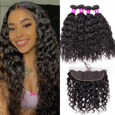 Tuneful 10A Water Wave Human Hair 4 Bundles With 13x4 Lace Frontal 100% Remy Human Hair