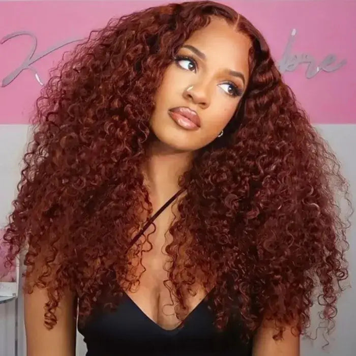 Tuneful Glueless #33 Auburn Colored 13x6 5x5 4x6 Lace Front Closure Human Hair Wigs Jerry Curly Wigs 180% Density