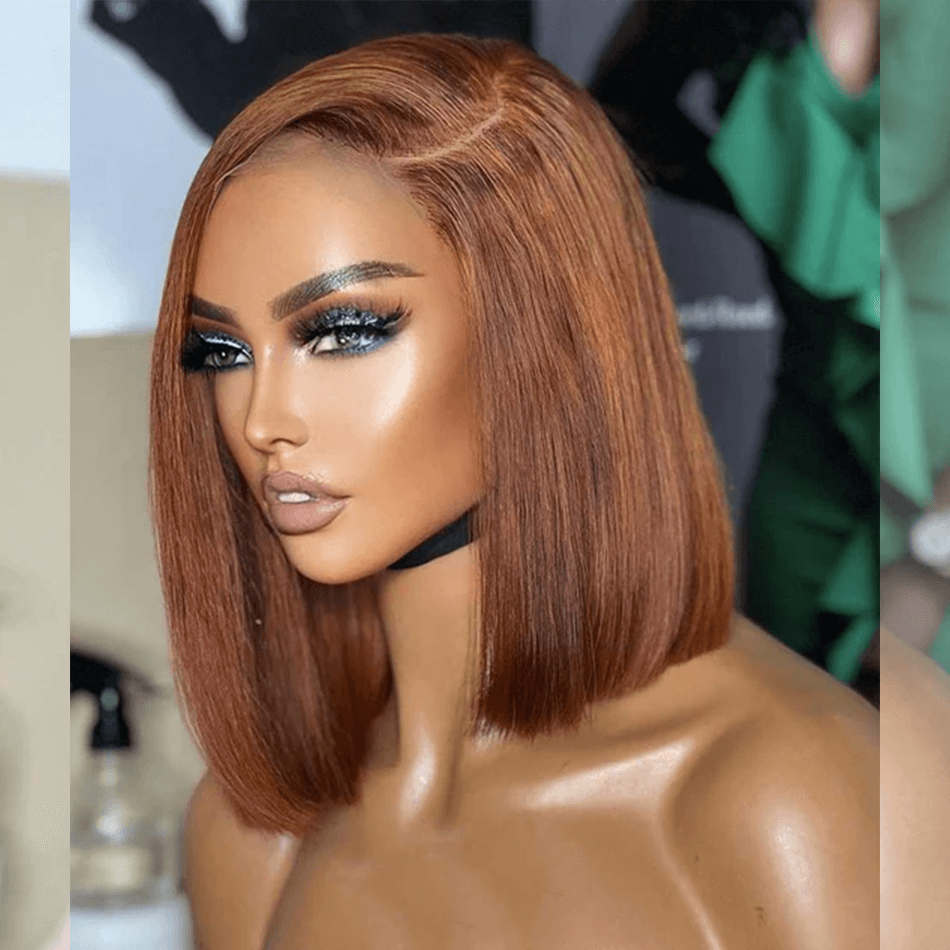 Hairstylist Works Elegant Asymmetric Short Straight Ginger Colored Human Hair Bob Wigs