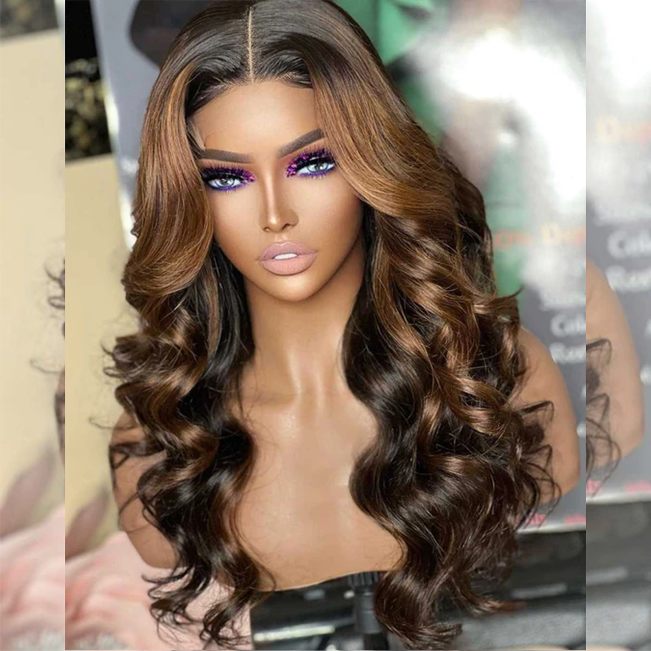 Hairstylist Works 250% Luxurious 5x5 HD Glueless Highlight Brown Colored Lace Closure Human Hair Wigs Body Wave
