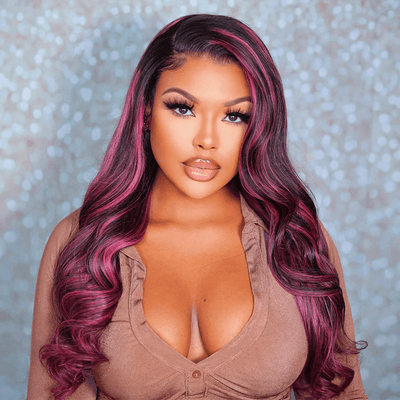 Tuneful Purple Pink Highlight Colored 13x4 5x5 HD Lace Front Closure Human Hair Wig 180% Density