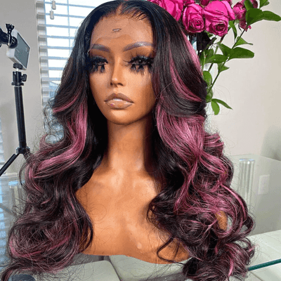 Tuneful Purple Pink Highlight Colored 13x4 5x5 HD Lace Front Closure Human Hair Wig 180% Density