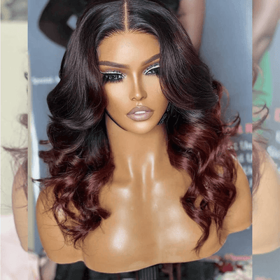 Double Drawn Hairstylist Works Elegant Shoulder Length Short Wigs 1B/99J Half Black Half Wine Red Wigs