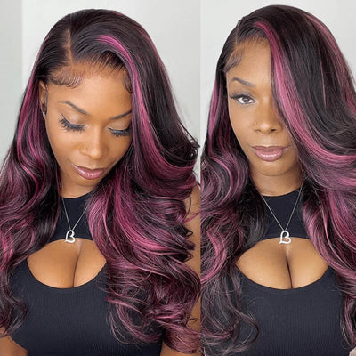 Tuneful Purple Pink Highlight Colored 13x4 5x5 HD Lace Front Closure Human Hair Wig 180% Density