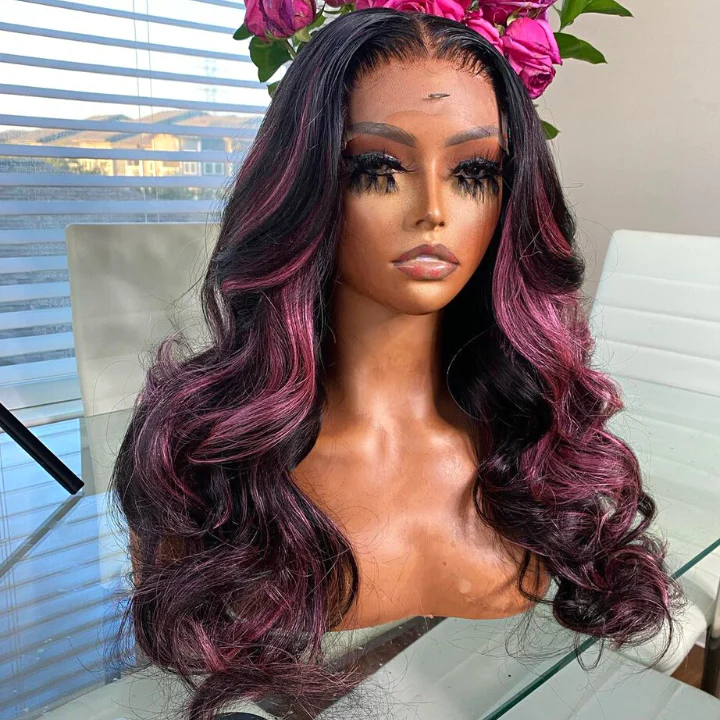 Tuneful Purple Pink Highlight Colored 13x4 5x5 HD Lace Front Closure Human Hair Wig 180% Density