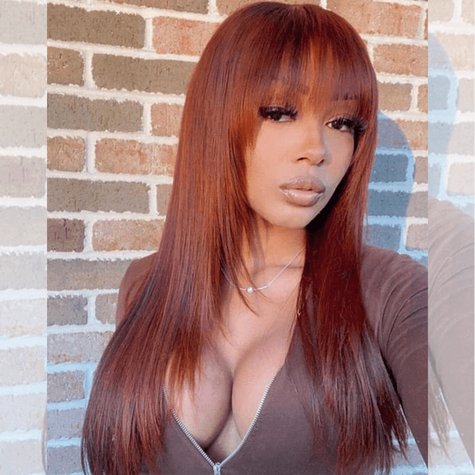 Tuneful Layered Cut With Bang Auburn Colored Glueless Human Hair Wig